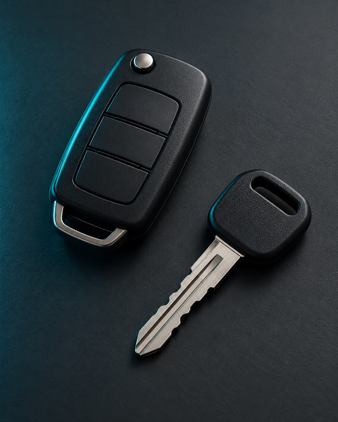 Illustrative studio study of a generic black automotive key fob and metal key
